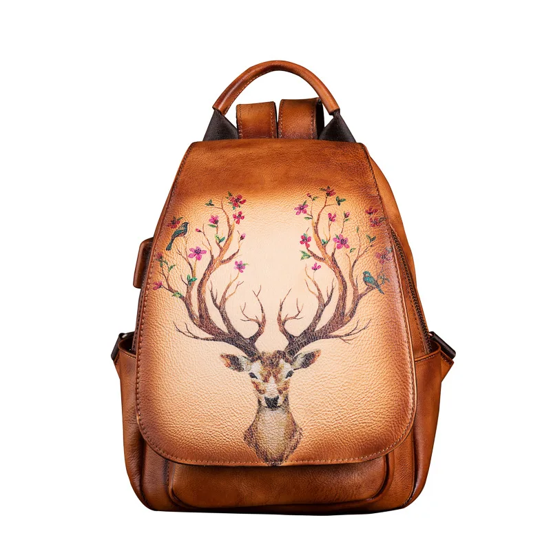 Genuine Leather Women Backpack Original Design Printed Top Layer Leather Travel Bag Casual Fashion Retro Style Handmade