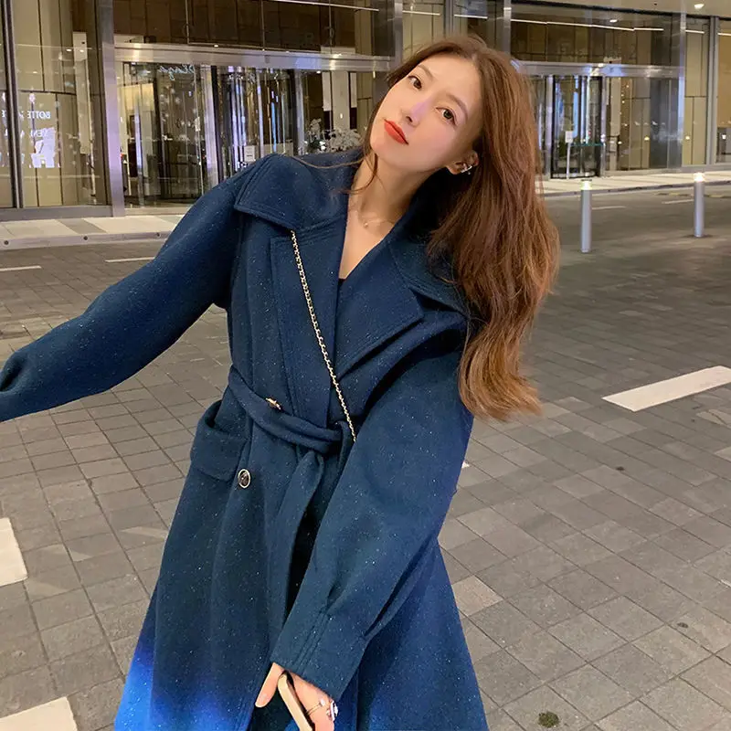 

Women Woolen Coat Long Over-The-knee Trench Coat Autumn Winter Thick Outfits Slim Outerwear Fashion Elegant Woolen Coat Jacket