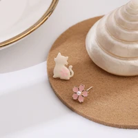 2020 new arrival sweet trendy cat flower stud earrings korean asymmetric cute pink earring jewelry female pendiente brincos