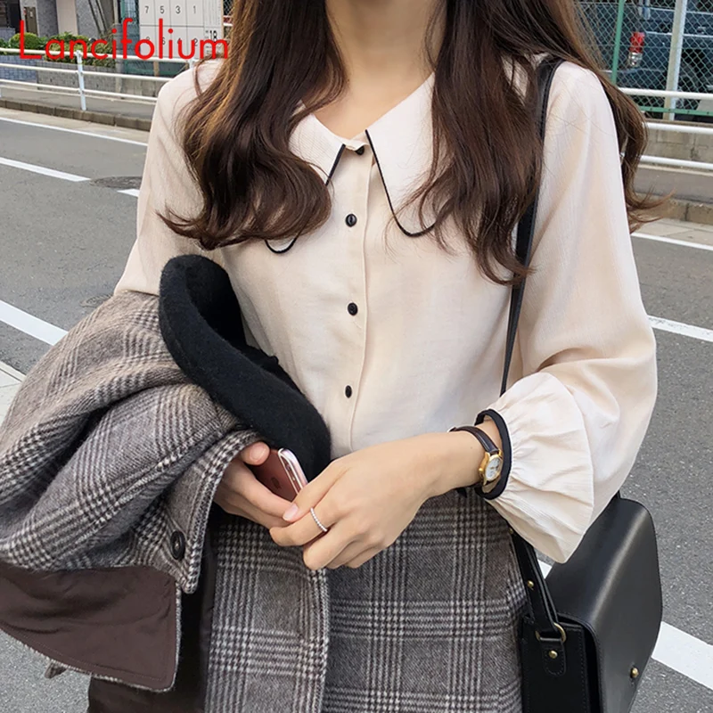 Elegant Peter Pan Collar Kawaii Blouse Women 2020 Spring Autumn Vintage Corduroy Shirts Plus Size Fall Top Ladies Korean Style