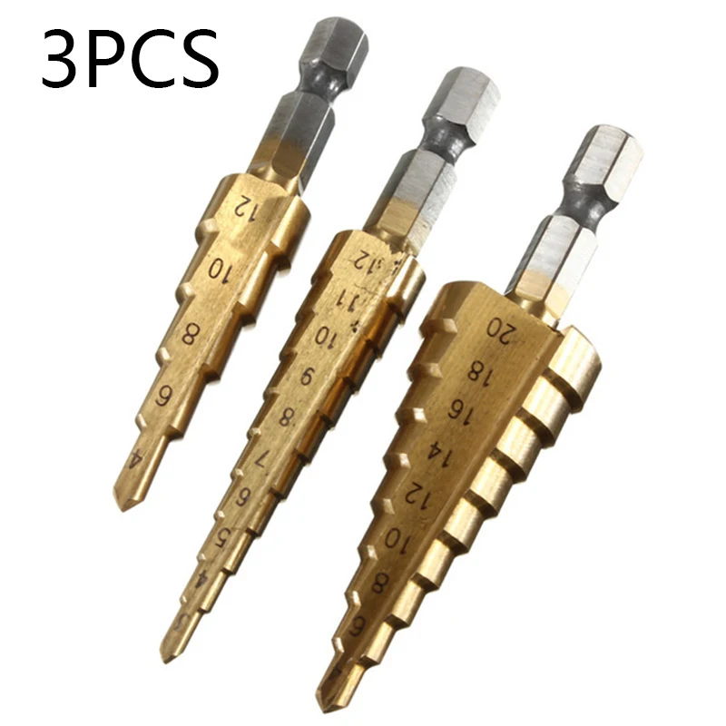 

3xHSS Steel Step Cone Drill Titanium Bit Set Hole Cutter 4-3-12mm 4-12mm 4-20mm