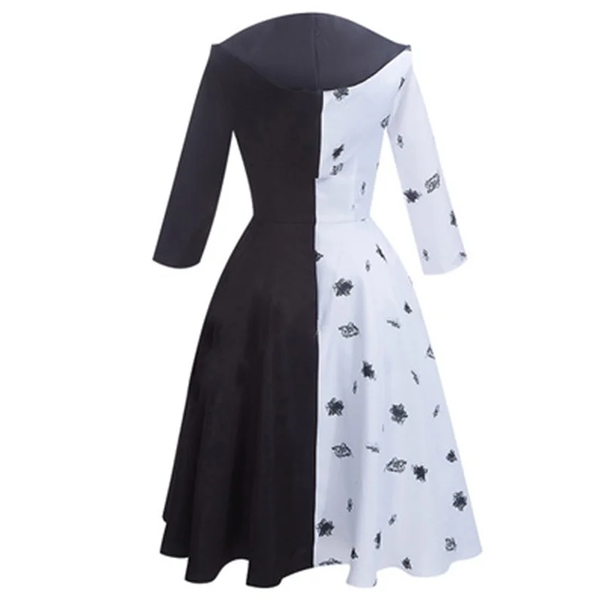 

Long Sleeve V Neck Collar Hoodie One-piece Suit Skirt Halloween Anime Demon Cosplay Adult Women Black White Dress