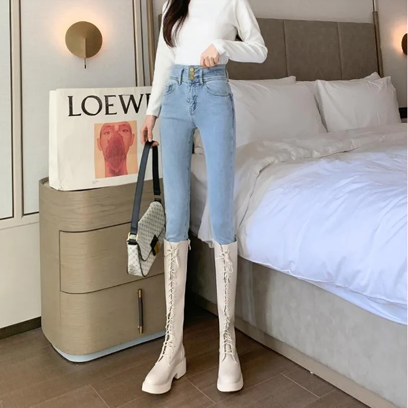 

Высокая талия светильник цвет джинсы весенне-осенние сапоги выше колена 2021 новая весенняя одежда показать узкие джинсы скинни