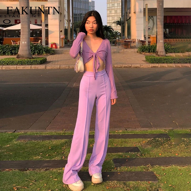 

FAKUNTN 2021 High Quality Solid Simple High Waist Straight Pants Woman Classic Leisure Street Elegant Lady Elastic Trousers