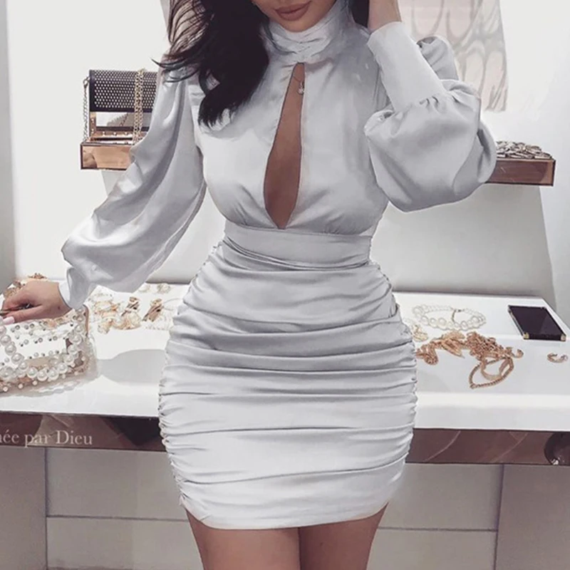 Сексуальные женские вечерние атласные мини платья с высоким воротом вырезом на