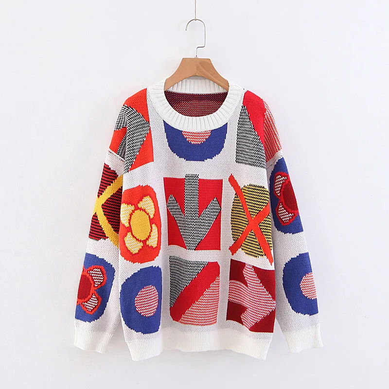 Women vintage multicolor knitted sweater long sleeve o neck stretchy pullovers retro female casual wear loose tops | Женская одежда