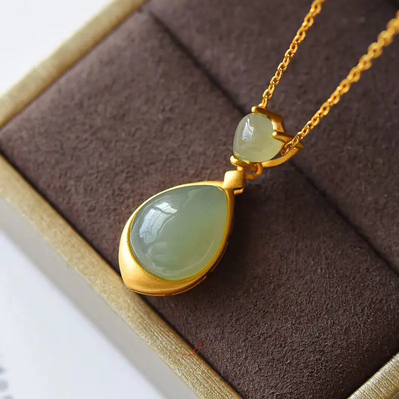 

Natural Hotian Jade Pendant Necklace Female Water Drop Hetian Gray Jade Clavicle Chain Versatile Personality S925 Sterling Silv