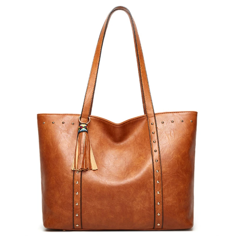 

Модная женская сумка с кисточками, вместительная однотонная большая сумка из искусственной кожи, зима 2021, женские сумки на плечо, сумка для ...