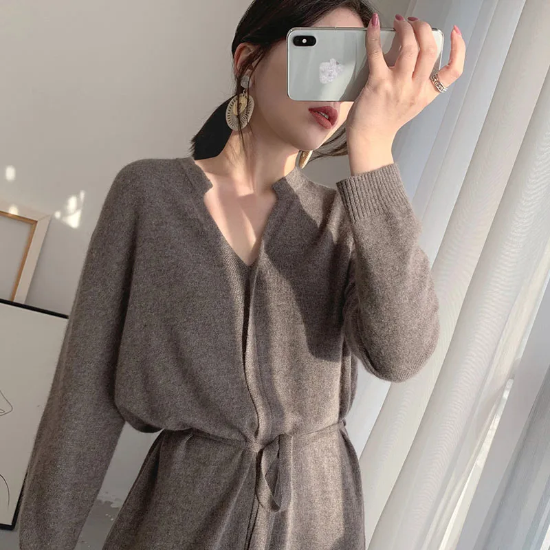 

Autumn Winter Vintage Women Knitted Dress Party Brief V-Neck Warm Drawstring Lace-Up Loose Female Sweater Elegant Dress Robe