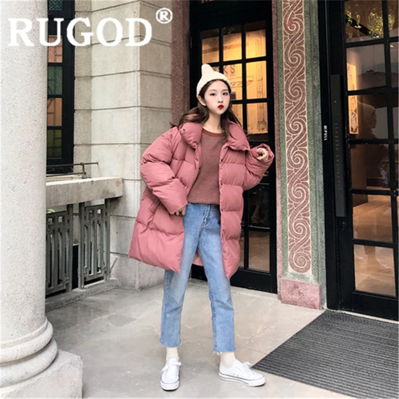 Brick red RUGOD, Длинная зимняя одежда, женское хлопковое пальто с длинным рукавом, плотное пальто, однотонное повседневное свободное Женское пальто, теплая зимняя одежда, casaco feminino - Цвет: Brick red