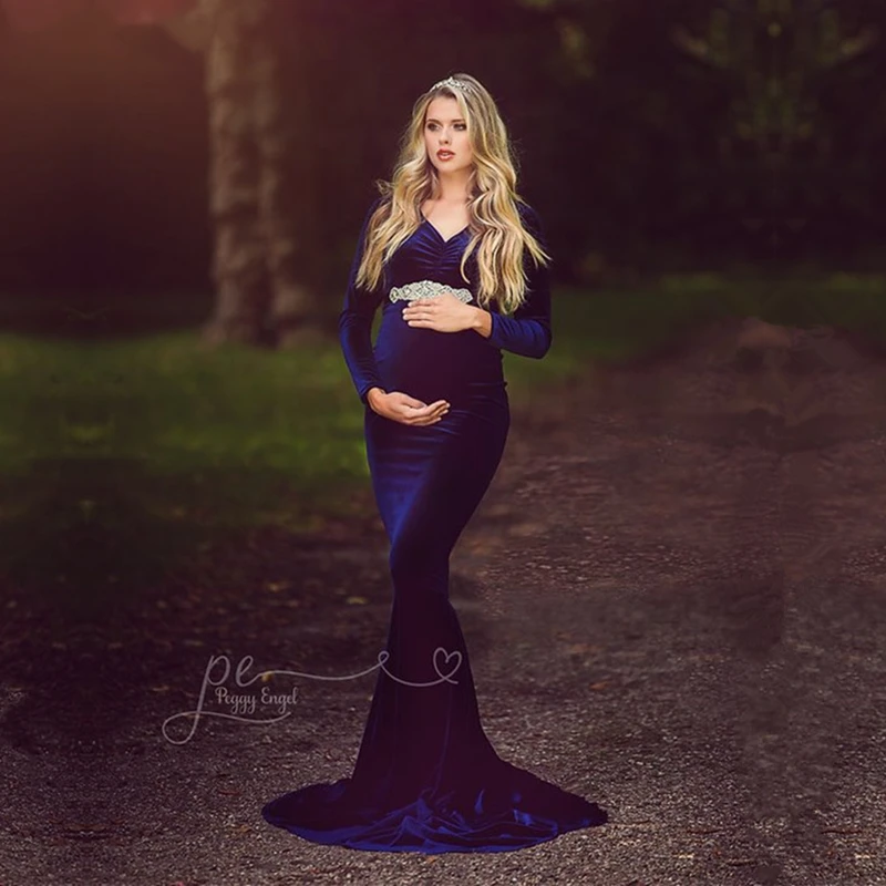 

Beads Sash Velvet Maternity Dress For Photo Shoot Mermaid Long Sleeve Maternity Dress Baby Shower Party Dress Pregnancy Dress