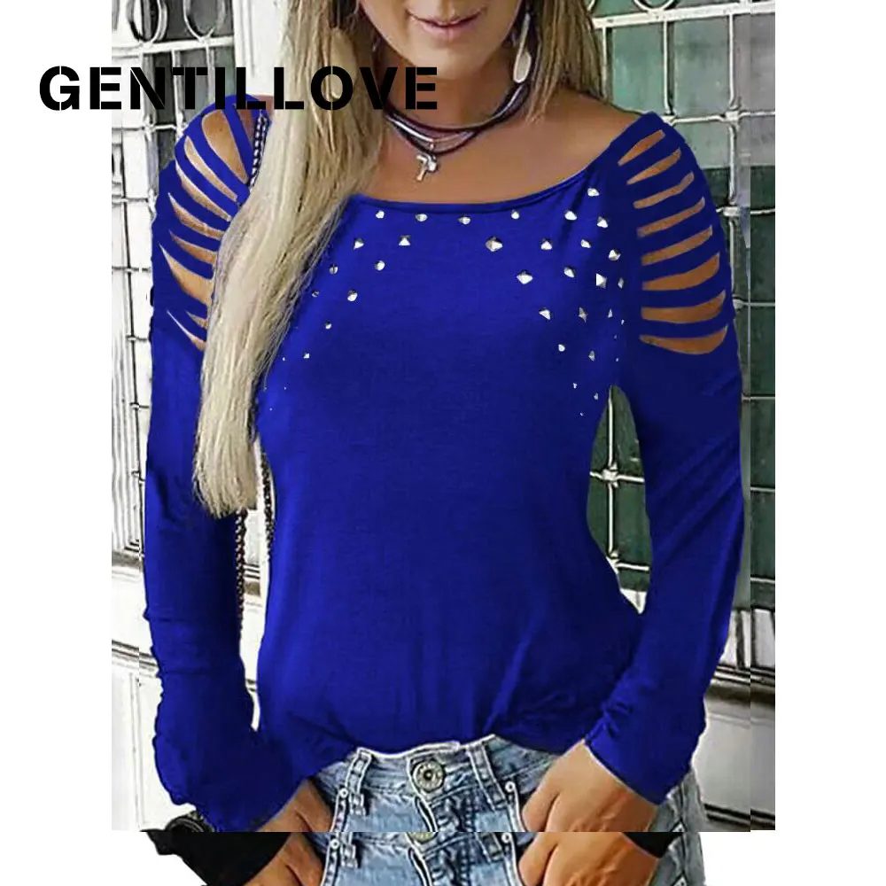 

Топ Gentillove женский с длинным рукавом, Весенняя ажурная Шипованная блузка, повседневная однотонная Облегающая рубашка, Женская туника, одежд...