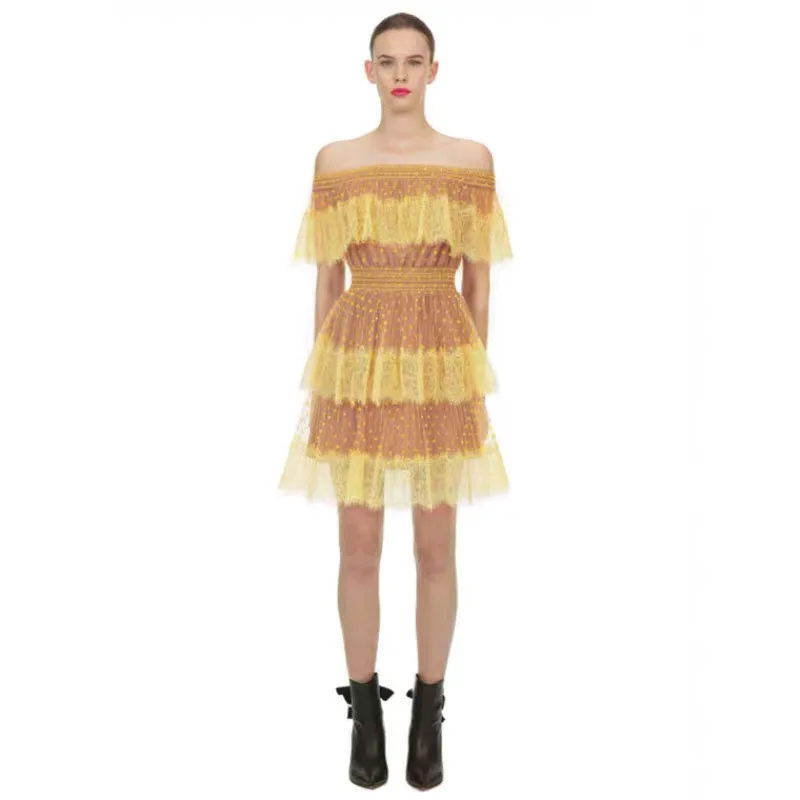 Женское кружевное платье в горошек пикантное желтое мини-платье с открытыми