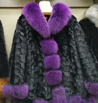 purple Женская Шуба из натуральной норки с воротником из лисьего меха, большие размеры 5XL 6XL - Цвет: purple