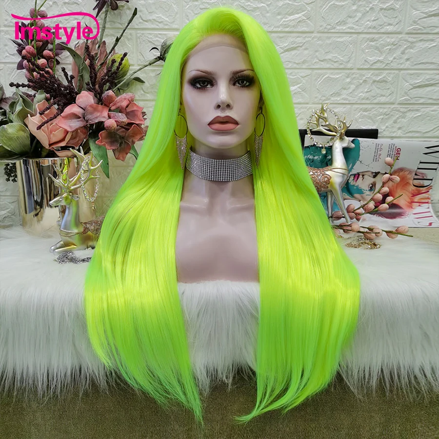 Imstyle Fluorescent Green Wig Long Synthetic Lace Front Wig Straight Hair Lace Wig Heat Resistant Fiber Party Wigs For Women