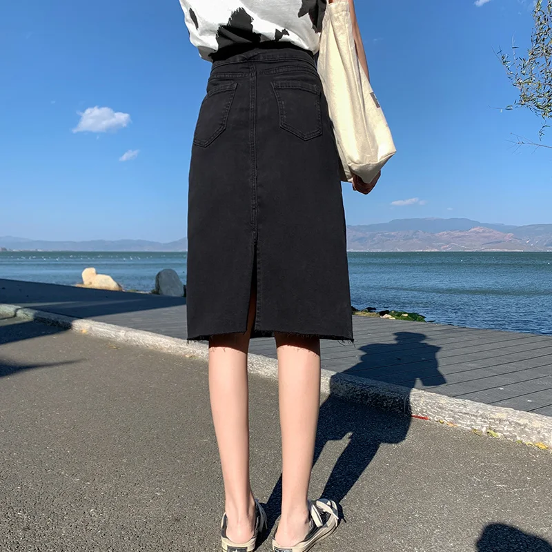

2021 Spring Summer Style Long Skirts Warm Vintage Cotton Denim Black Plus Size High Waist Women Jeans Skirts