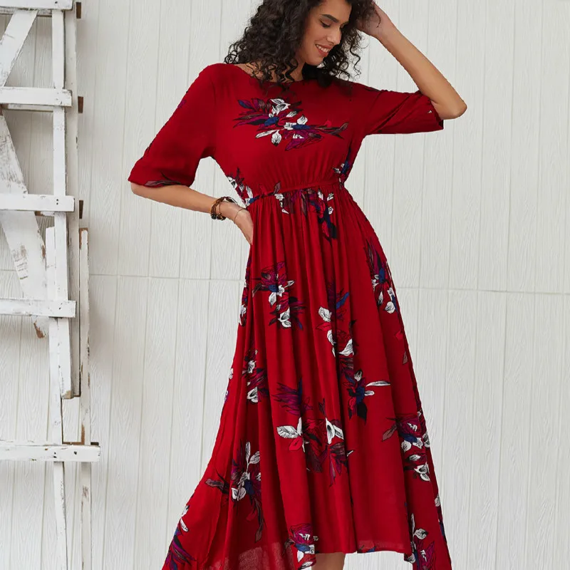 

Uguest Elegant Women Boho Dress Floral Asymmetrical Mermaid O-Neck Half Sleeve Sashes Pleated Loose Vintage Maxi Dress Autumn