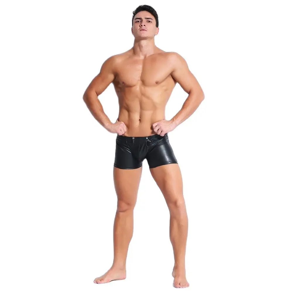 Мужские комфортные мягкие боксеры кожаные шорты на молнии с открытым шаговым
