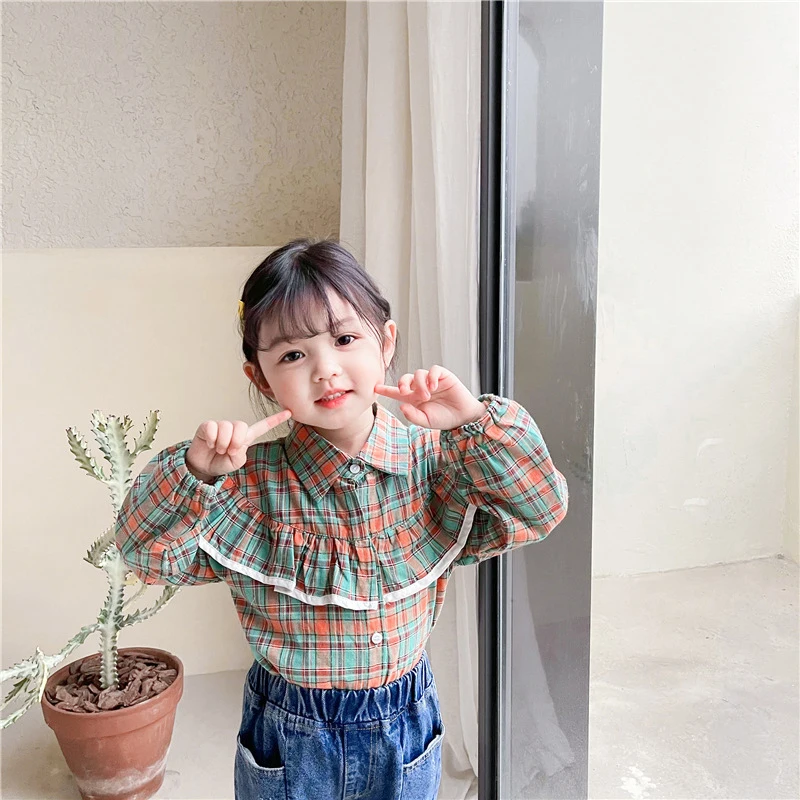 

Keelorn Girls Casual Blouses 2021 Korean Spring Kids Plaid Ruffles Shirt Long Sleeve Children Single-breasted Tops 1-6T