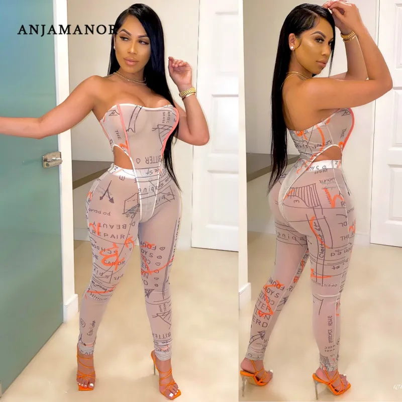 

ANJAMANOR Hot Sexy Nude Mesh See Through Matching Sets for Women Two Piece Set Bodysuit and Leggings Club Outfits D57-CA17