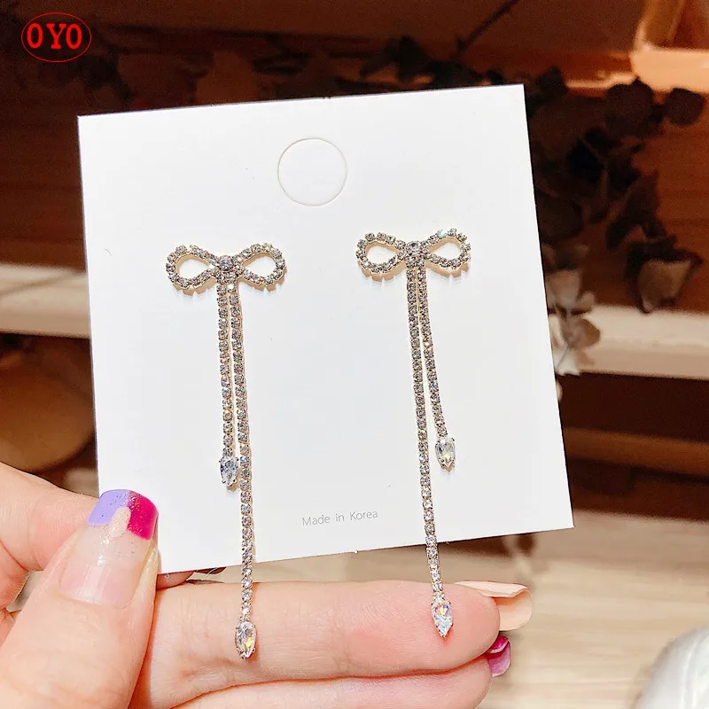 

s925 silver needle bow full diamond tassel earrings female fashion temperament net red earrings