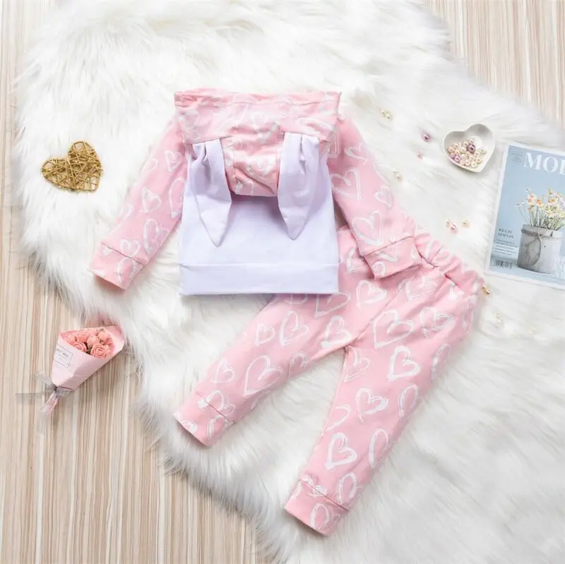 

Cute Newborn Infant Baby Girl Clothes Long Sleeve Rabbit Hoodied Hoodies Top +Heart Pants 2PCS Outfits Set Tracksuit