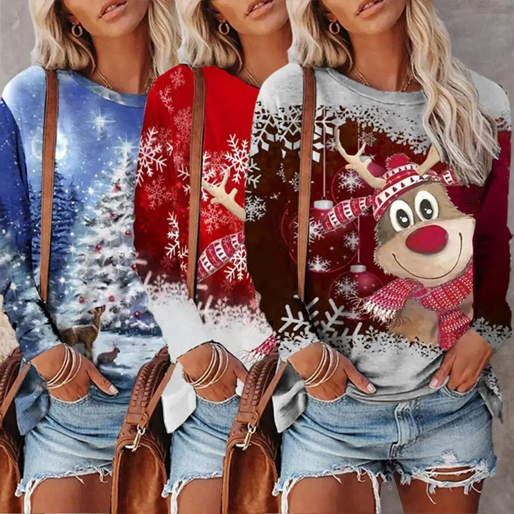 

Women Top Christmas Print Women T-shirt Vintage Loose-fitting Pullover
