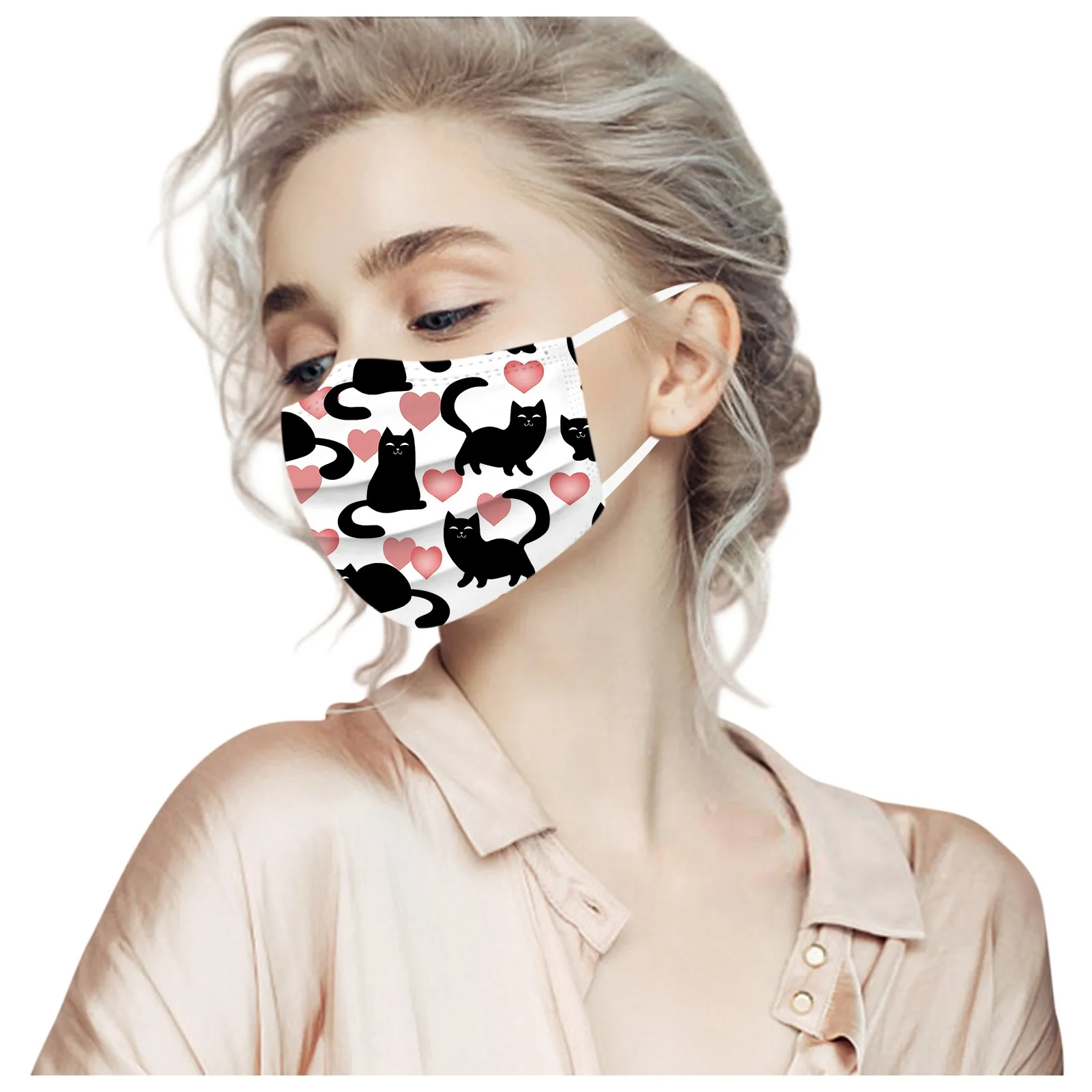 

10PC Adult Face Mask Women Man Disposable Face Mask Cat Printed 3Ply Ear Loop Windproof Mask Mascarillas Masque