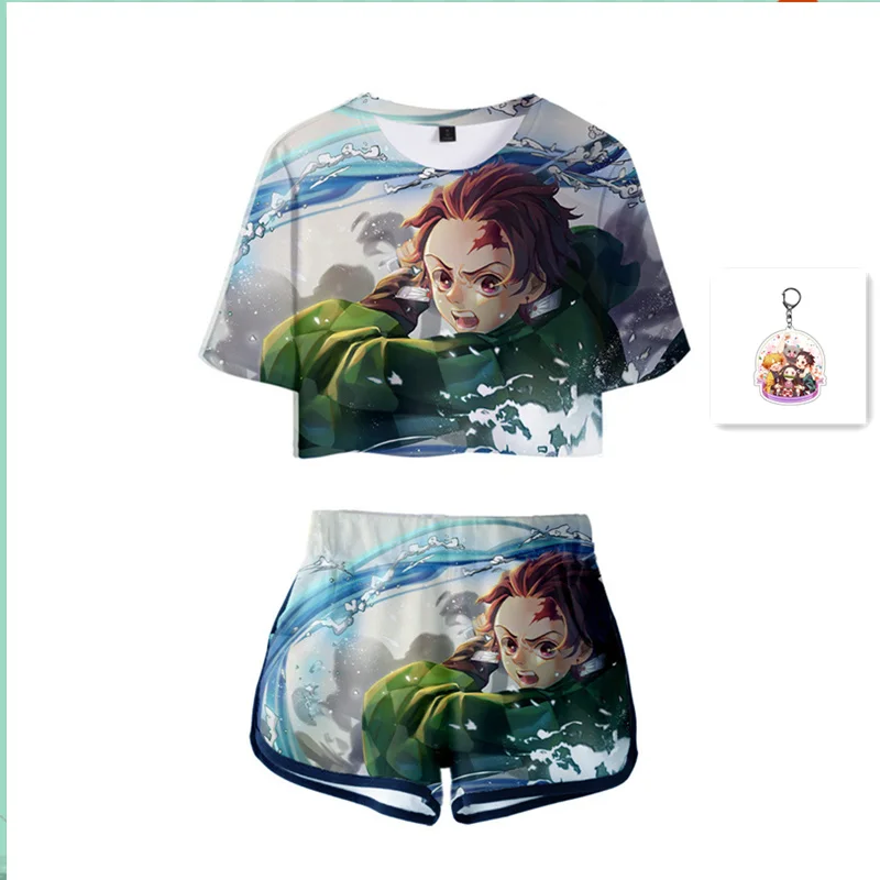 

Demon Slayer Kimetsu no Yaiba Agatsuma Cosplay Costume Kamado Nezuko Uniform Cotton T-shirt Short with keychain Dress Sportswear