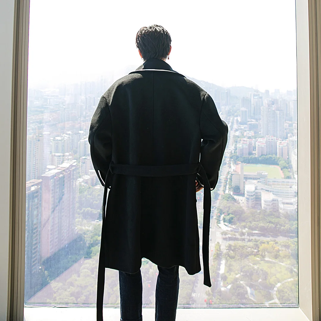 Мужская одежда IEFB Осень-зима черное шерстяное пальто средней длины свободная