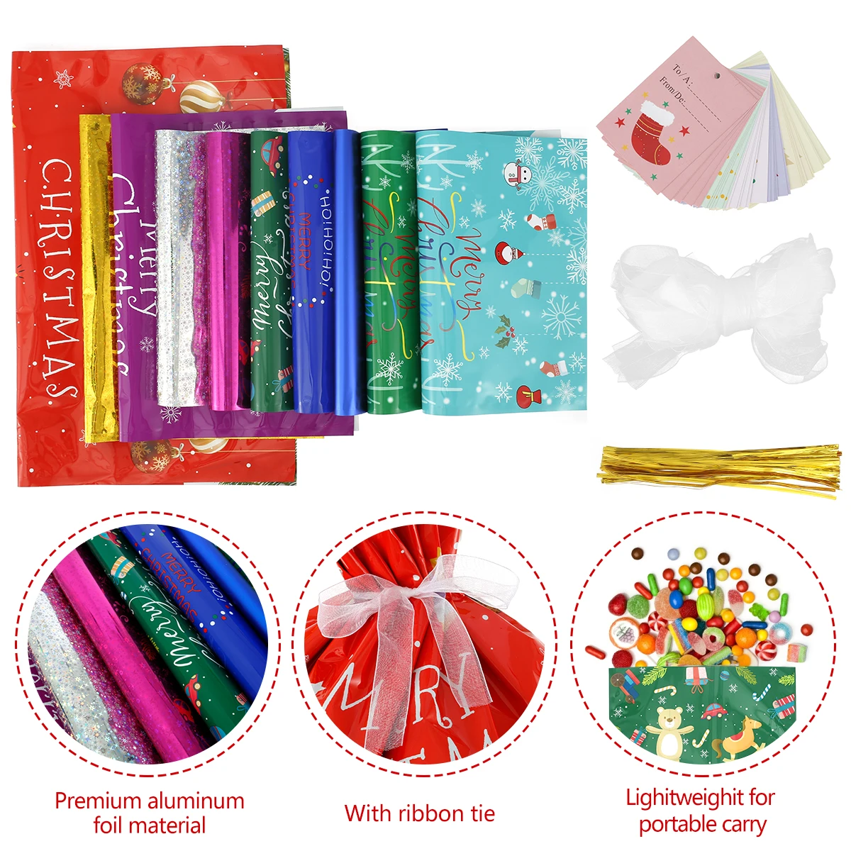 Bolsas de regalo con cord&oacute;n para Navidad, 30 unidades, 10 dise&ntilde;os diferentes, para envolver regalos surtidos, con etiquetas de nombre-4