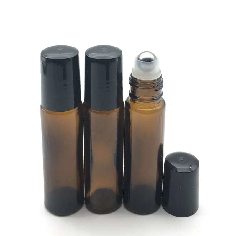 

10pcs 10ml Refillable Bottles Amber Roller Glass Bottle Empty Perfume Essential Oil Roll-On Bottle Black Plastic Lip
