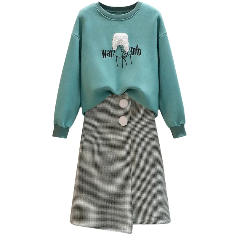 

Winter Warm Women Sport Suit Thicken Sweatershirt Tops And Midi Plaid Skirt Matching Set Outfit Two Piece Female Slim Clothes