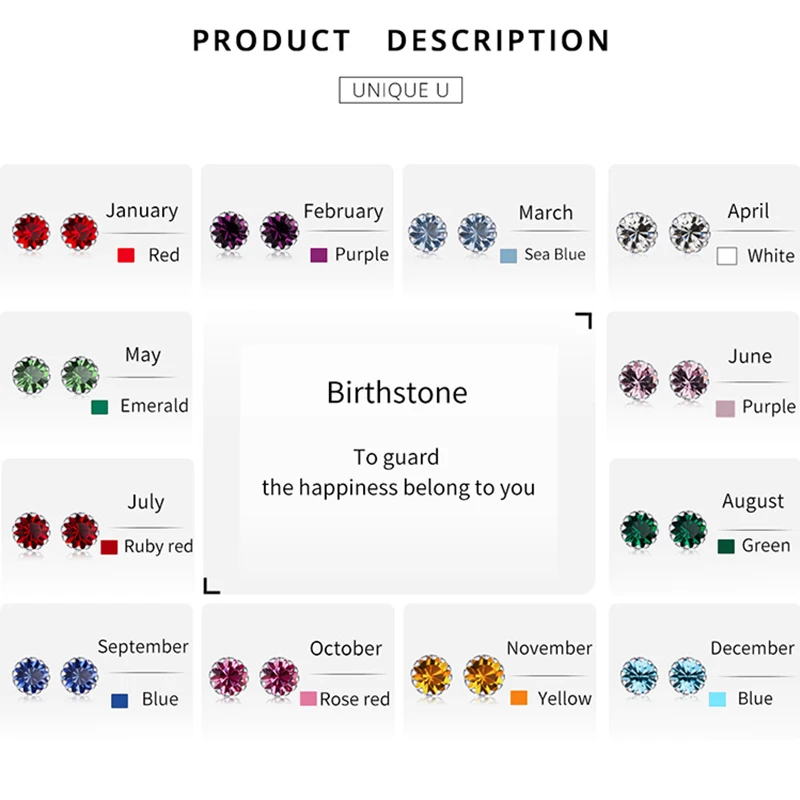 Женские серьги-гвоздики из серебра 925 пробы с фианитом 12 цветов | Украшения и