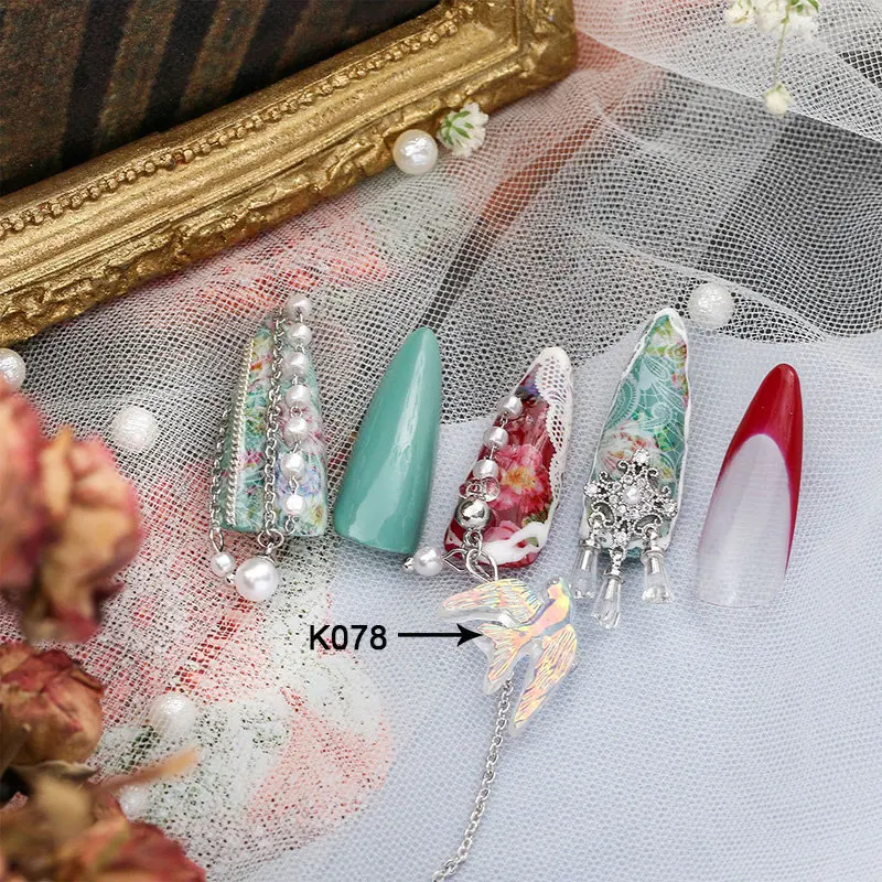 K078 Серебряный 5 шт. Птица/Сердце/Любовь Купидон дизайн ногтей циркон Длинная цепочка Кулон Ювелирные изделия ногтей циркон алмаз ногтей циркон украшения - Цвет: K078
