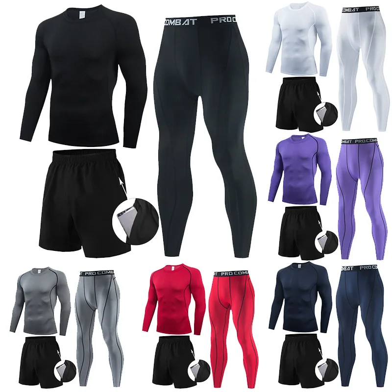 

3Pcs Men‘s Tracksuit Gym Fitness Compression Training Suit Clothes Running Jogging Sports Wear Exercise Workout Tights Top -40