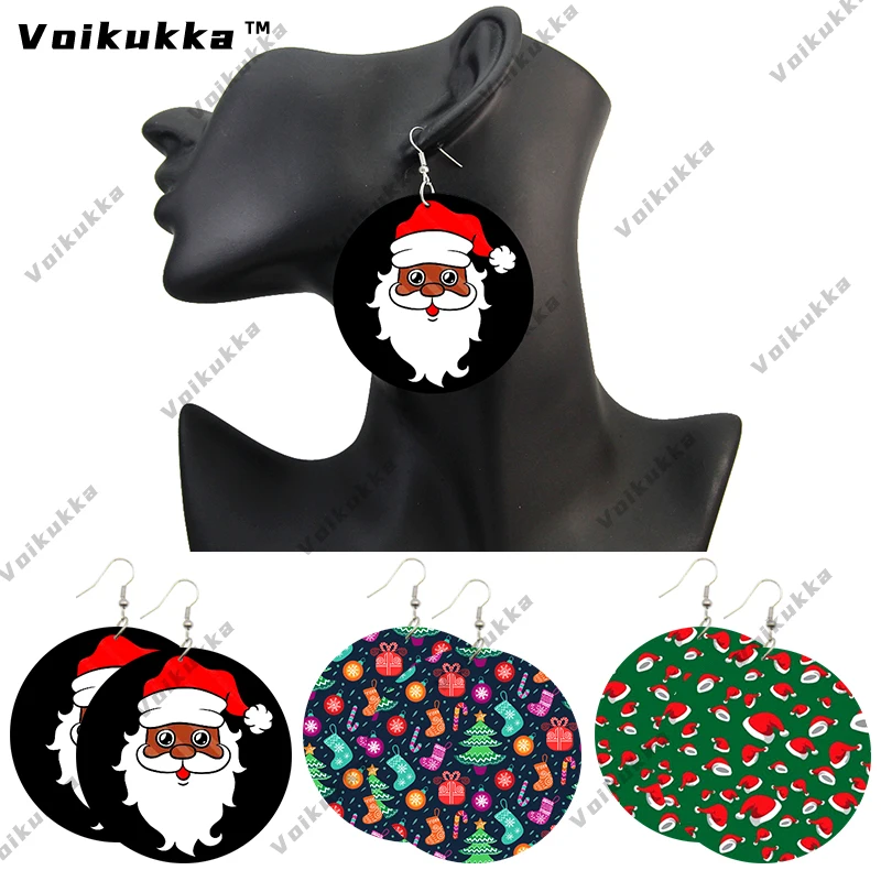 

Voikukka Jewelry 2020 New Year Merry Christmas Gifts Wooden Double Sides Print Round Drop Dangle Women Earrings Accessories