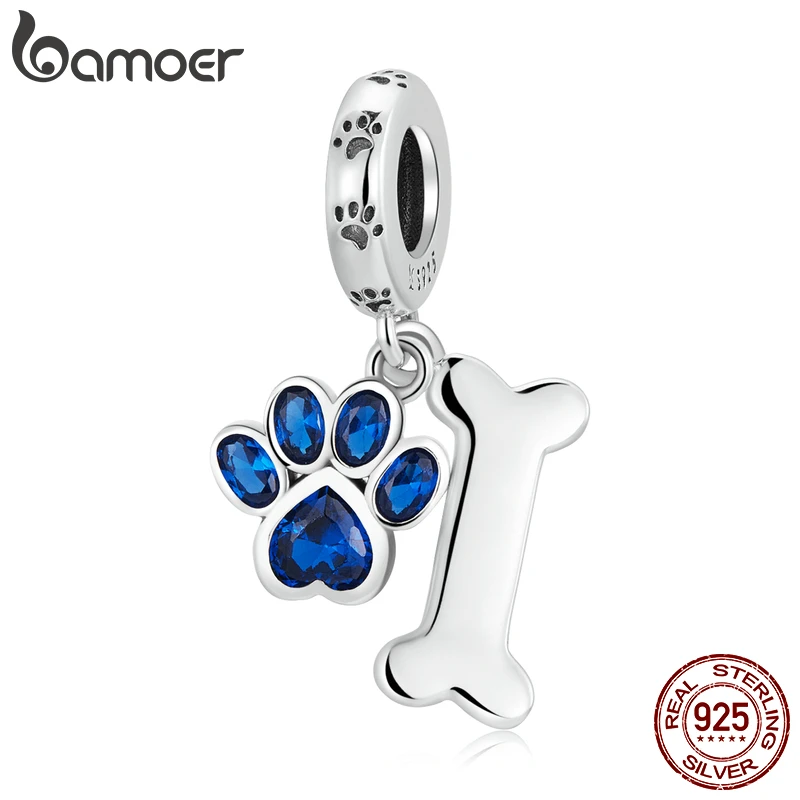 Bamoer 925 Sterling Silver Dog Paw & Bone Pendant Fit for DIY Making Bracelet or Bangle Blue Zirconium Paw Charms Fine Jewelry