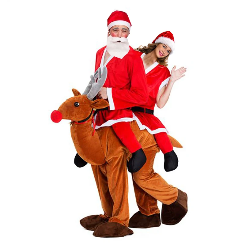 Weihnachten Santa Claus Fahrt Auf Rentier Maskottchen Kostüm Paar Weihnachten Cosplay Doppel Person Elch Tier Lustige Kleid Neuheit Spielzeug