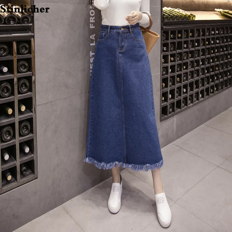 

Осенне-зимние женские джинсовые юбки, Модная Джинсовая юбка с высокой талией и бахромой, женские синие повседневные свободные длинные юбки