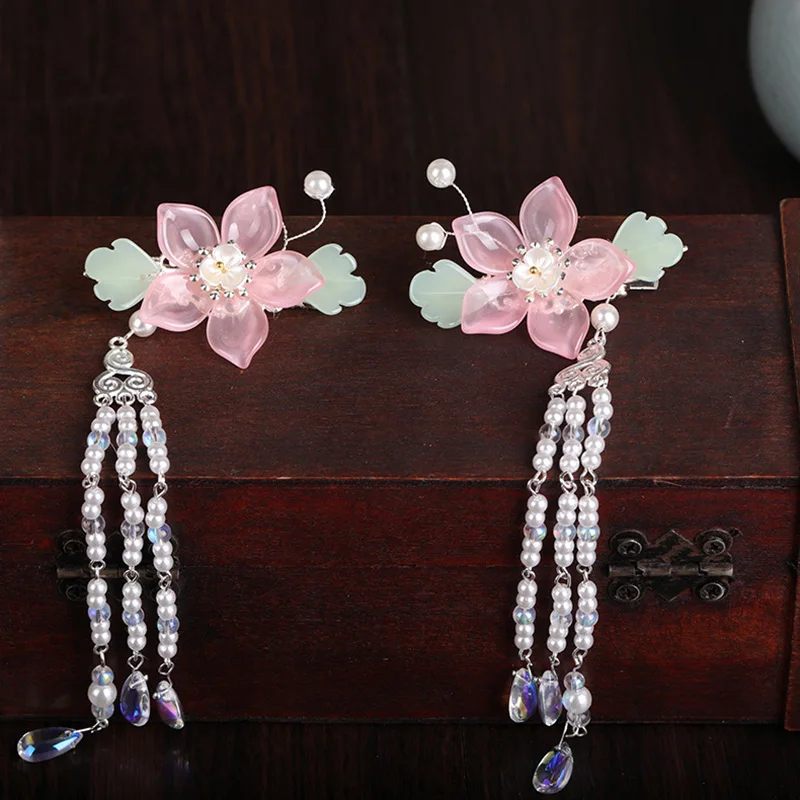 

Sweet Flower Pearls Long Tassel Hairpin Hanfu Hair Clip Girl Traditional Girl Baby Headdress Handmade