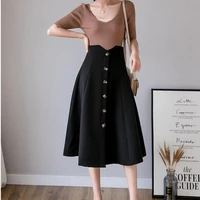 spring midi pleated skirt summer slim solid color a line skirts new women casual sweet ruffles high waist single breasted skirts
