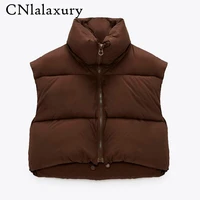 new high waisted cropped vests women elegant solid zipper jacket female women spring stand collar warm outwear ladies parkas