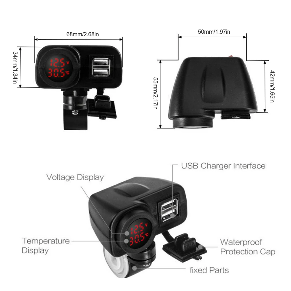 

Red LED 12V Motorcycle USB Charger 2.1A+2.1A w/ Digital Voltmeter + Thermometer