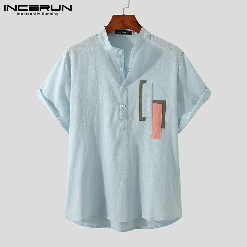 

Рубашка INCERUN мужская с воротником-стойкой, хлопок, Лоскутная работа, короткий рукав, Повседневная Уличная одежда, Ретро стиль, для отдыха, ле...