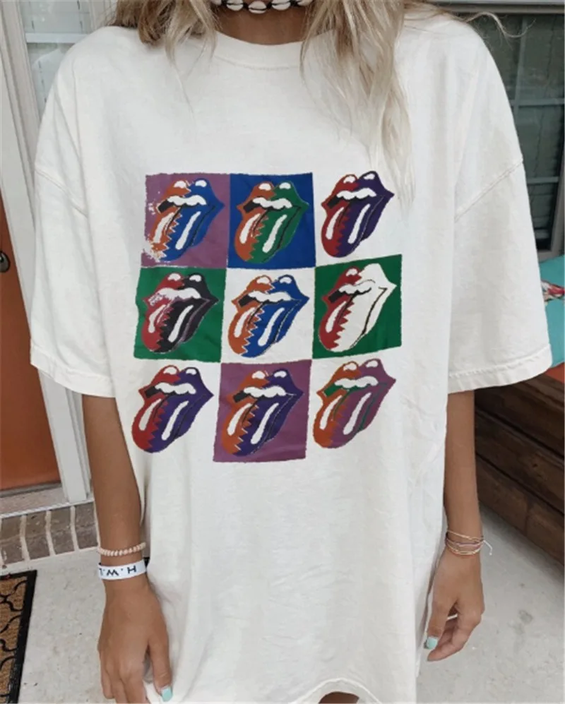 

Letter Lips Printing Crewneck Woman Tshirts Loose Short Sleeve Streetwear Casual Harajuku T Shirts 2021 Summer Plus Size Tops