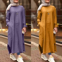 vintage dress women summer splitdresses long sleeve muslim dubai turkey cardigan robe casual o neck maxi dresses