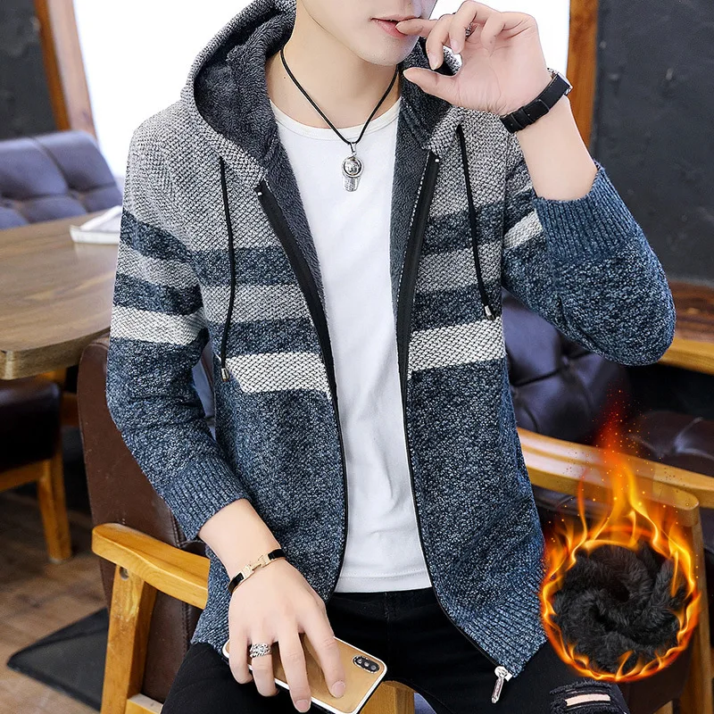 

Mens Sweaters 2021 New Fashion Zipper Cardigan Men's Sweater Loose Student Plus Velvet Thick Warm Hooded Plus Size Sweater