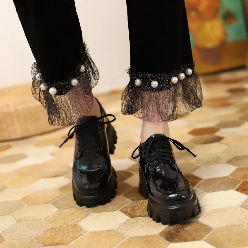 

brand shoes platform oxford shoes women lace up cross-tied thick high heel creepers women's pumps british style heel shoes woman