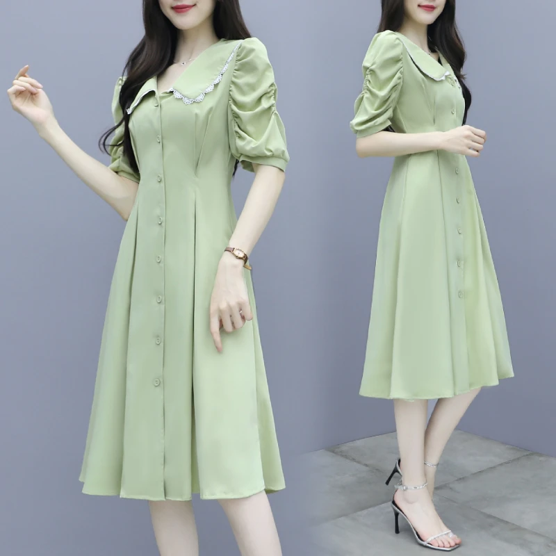 

Женское летнее однотонное Повседневное платье-трапеция с коротким рукавом и завышенной талией, модель E18, 2020